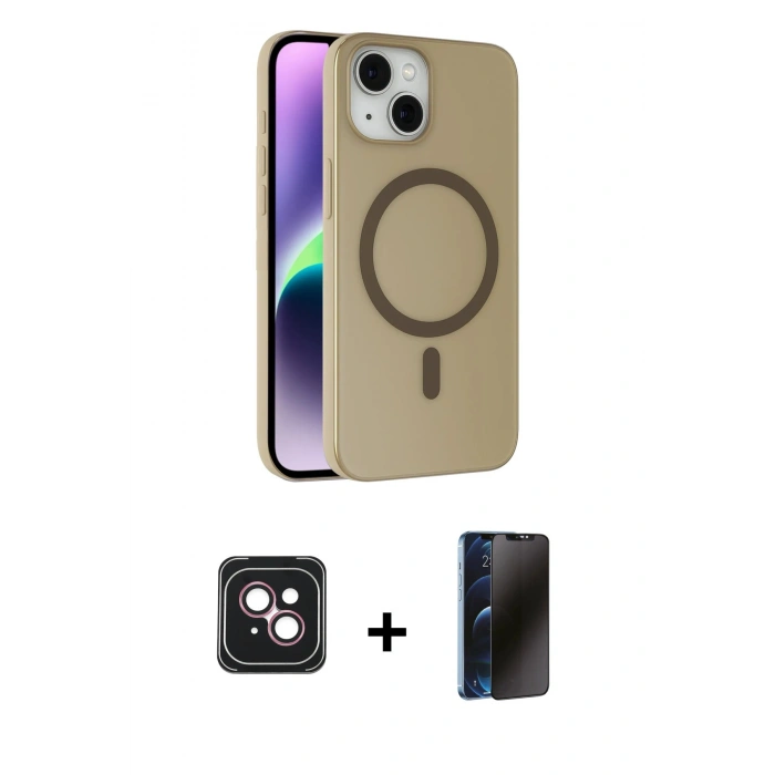 MARSİLYAN™- iPhone 14 Kılıf Çekirdek Modern Prime - Siyah 3D Antistatik Hayalet Cam Ekran Koruyucu + PVD Metal Kamera Lens - PE