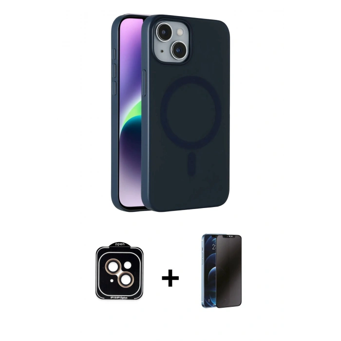 MARSİLYAN™- iPhone 14 Kılıf Çekirdek Modern Prime - Siyah 3D Antistatik Hayalet Cam Ekran Koruyucu + PVD Metal Kamera Lens - TU