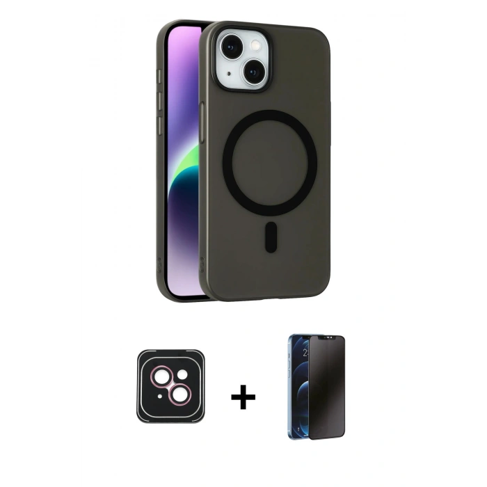 MARSİLYAN™- iPhone 14 Kılıf Çekirdek Modern Prime - Siyah 3D Antistatik Hayalet Cam Ekran Koruyucu + PVD Metal Kamera Lens - PE