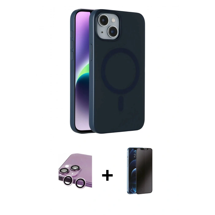 MARSİLYAN™- iPhone 14 Kılıf Çekirdek Modern Prime - Siyah 3D Antistatik Hayalet Cam Ekran Koruyucu + Raze Metal Kamera Lens - MR