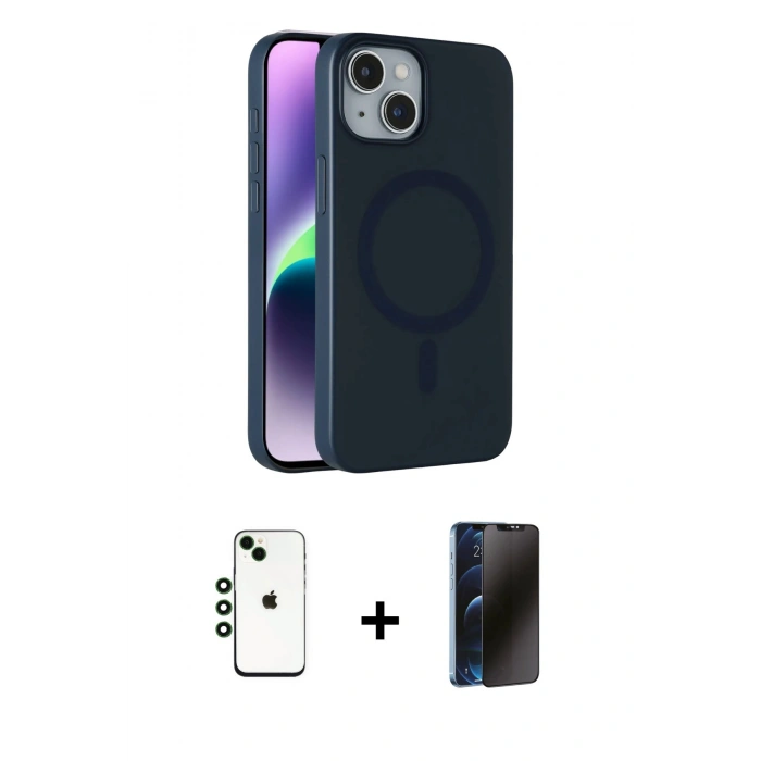 MARSİLYAN™- iPhone 14 Kılıf Çekirdek Modern Prime - Siyah 3D Antistatik Hayalet Cam Ekran Koruyucu + Shine Kamera Lens - YL