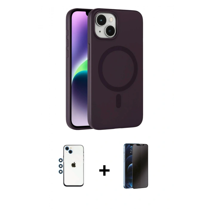 MARSİLYAN™- iPhone 14 Kılıf Çekirdek Modern Prime - Siyah 3D Antistatik Hayalet Cam Ekran Koruyucu + Shine Kamera Lens - MI