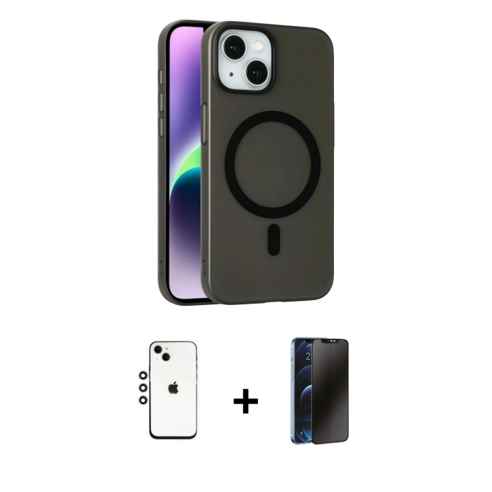 MARSİLYAN™- iPhone 14 Kılıf Çekirdek Modern Prime - Siyah 3D Antistatik Hayalet Cam Ekran Koruyucu + Shine Kamera Lens - GS