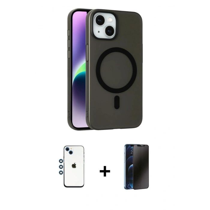 MARSİLYAN™- iPhone 14 Kılıf Çekirdek Modern Prime - Siyah 3D Antistatik Hayalet Cam Ekran Koruyucu + Shine Kamera Lens - MI