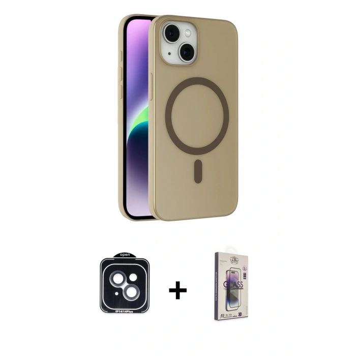 MARSİLYAN™- iPhone 14 Kılıf Çekirdek Modern Prime - Siyah Bilvis 3D Cam Ekran Koruyucu + PVD Metal Kamera Lens - SH