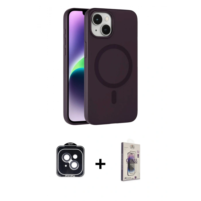 MARSİLYAN™- iPhone 14 Kılıf Çekirdek Modern Prime - Siyah Bilvis 3D Cam Ekran Koruyucu + PVD Metal Kamera Lens - SH