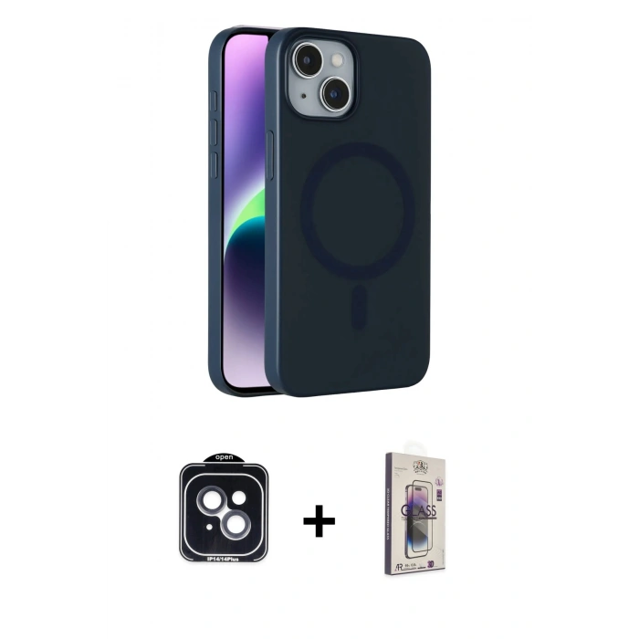 MARSİLYAN™- iPhone 14 Kılıf Çekirdek Modern Prime - Siyah Bilvis 3D Cam Ekran Koruyucu + PVD Metal Kamera Lens - SH