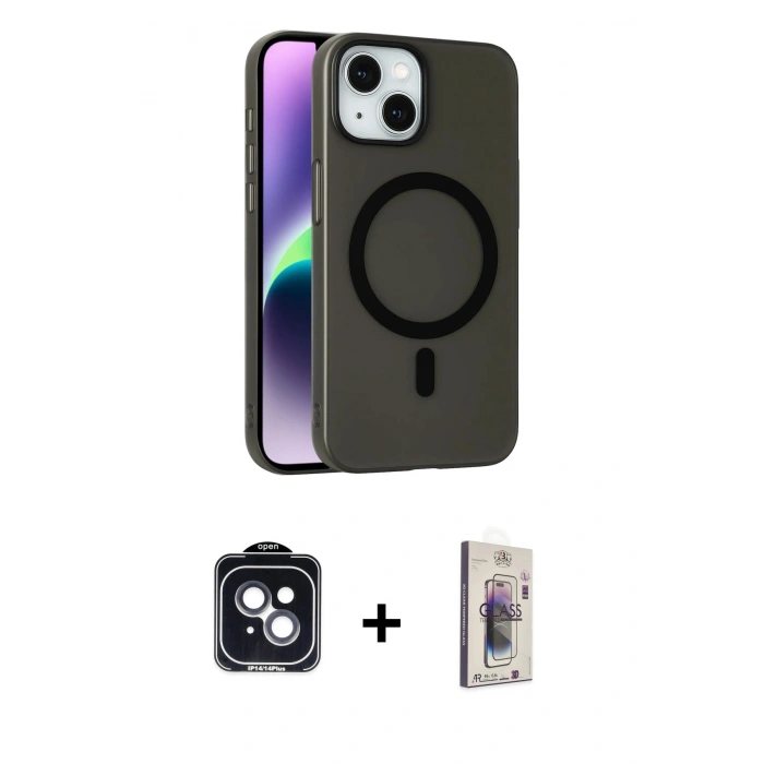 MARSİLYAN™- iPhone 14 Kılıf Çekirdek Modern Prime - Siyah Bilvis 3D Cam Ekran Koruyucu + PVD Metal Kamera Lens - SH