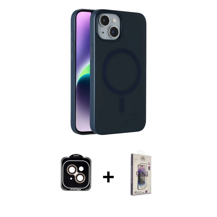 MARSİLYAN™- iPhone 14 Kılıf Çekirdek Modern Prime - Siyah Bilvis 3D Cam Ekran Koruyucu + PVD Metal Kamera Lens - TU