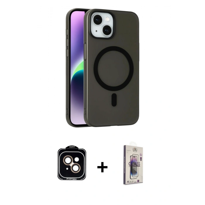 MARSİLYAN™- iPhone 14 Kılıf Çekirdek Modern Prime - Siyah Bilvis 3D Cam Ekran Koruyucu + PVD Metal Kamera Lens - TU