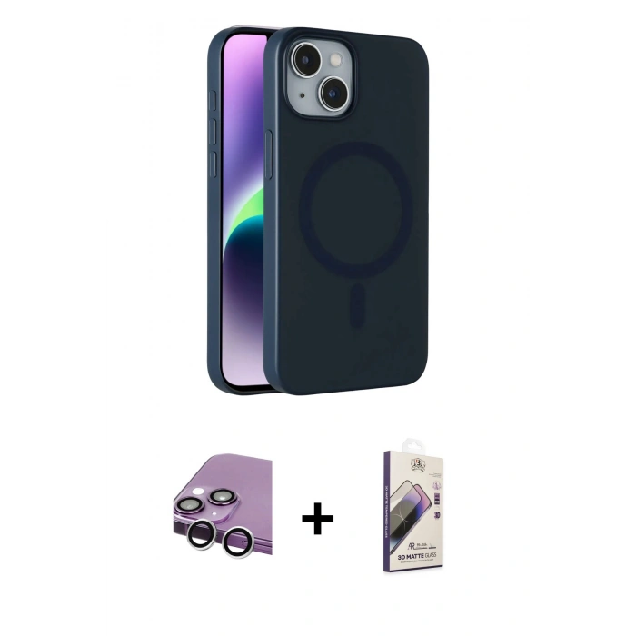 MARSİLYAN™- iPhone 14 Kılıf Çekirdek Modern Prime - Siyah Bilvis 3D Mat Cam Ekran Koruyucu + Raze Metal Kamera Lens - GS