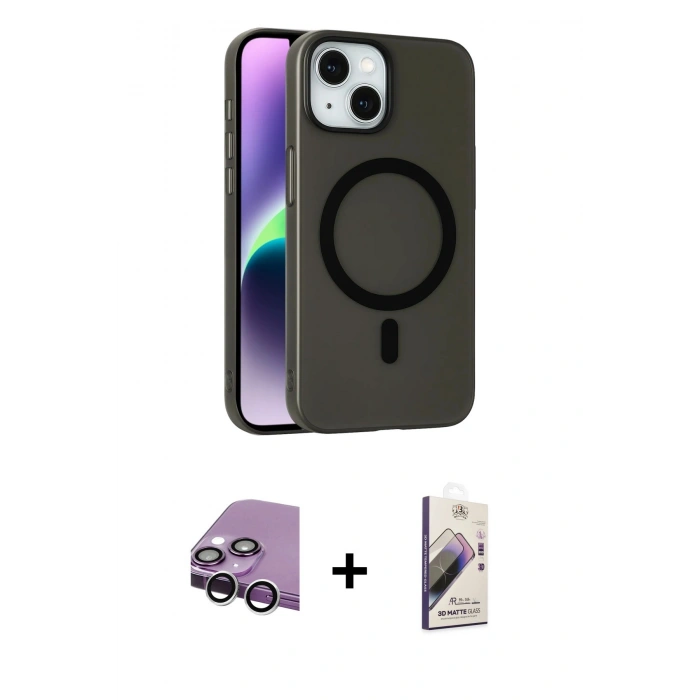 MARSİLYAN™- iPhone 14 Kılıf Çekirdek Modern Prime - Siyah Bilvis 3D Mat Cam Ekran Koruyucu + Raze Metal Kamera Lens - GS