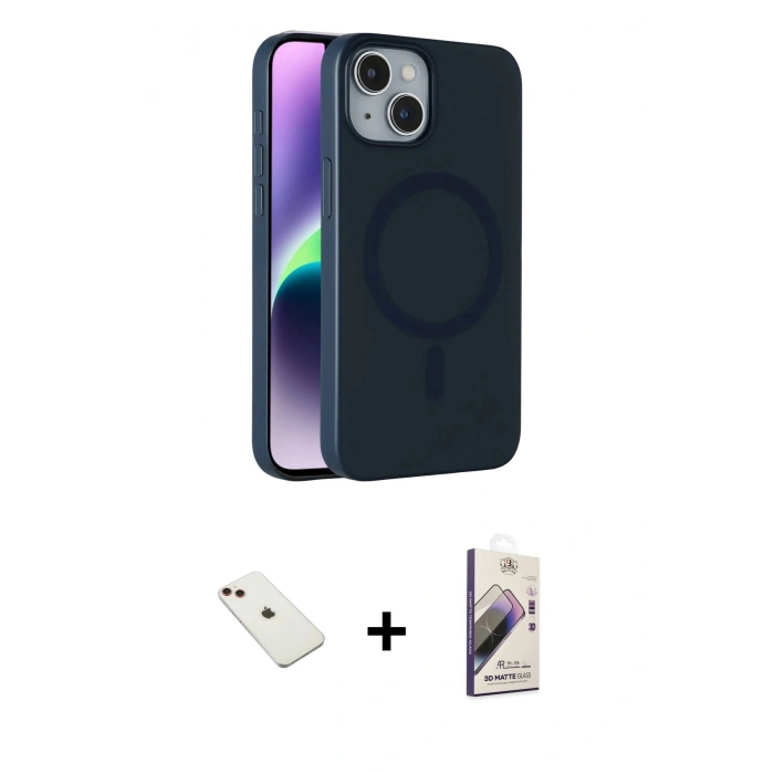 MARSİLYAN™- iPhone 14 Kılıf Çekirdek Modern Prime - Siyah Bilvis 3D Mat Cam Ekran Koruyucu + Diamond Kamera Lens - KI