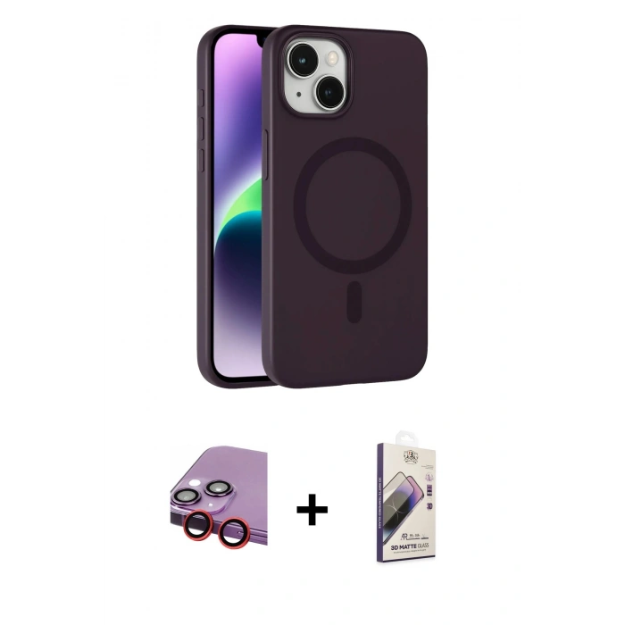 MARSİLYAN™- iPhone 14 Kılıf Çekirdek Modern Prime - Siyah Bilvis 3D Mat Cam Ekran Koruyucu + Raze Metal Kamera Lens - KI