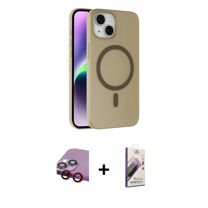 MARSİLYAN™- iPhone 14 Kılıf Çekirdek Modern Prime - Siyah Bilvis 3D Mat Cam Ekran Koruyucu + Raze Metal Kamera Lens - KI