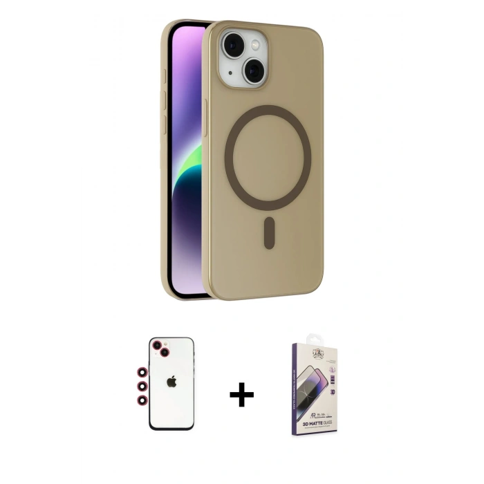 MARSİLYAN™- iPhone 14 Kılıf Çekirdek Modern Prime - Siyah Bilvis 3D Mat Cam Ekran Koruyucu + Shine Kamera Lens - KI