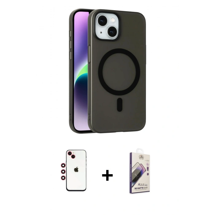 MARSİLYAN™- iPhone 14 Kılıf Çekirdek Modern Prime - Siyah Bilvis 3D Mat Cam Ekran Koruyucu + Shine Kamera Lens - KI
