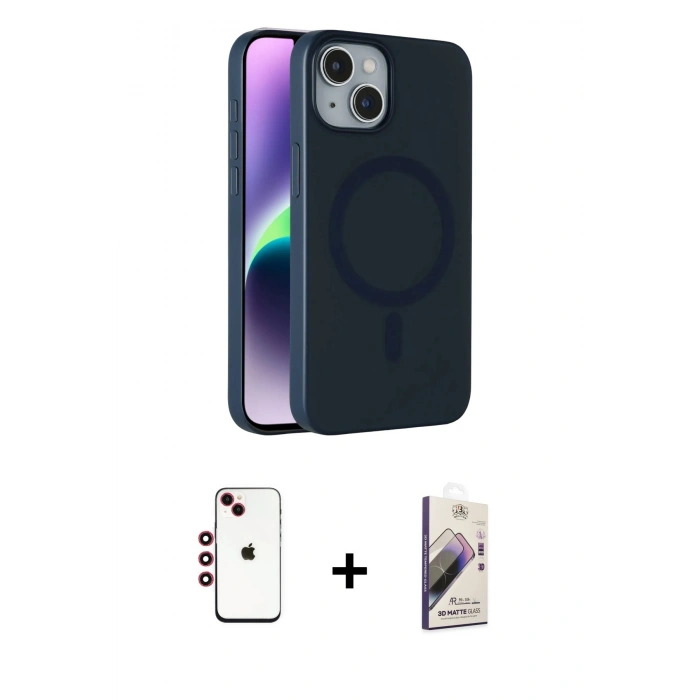 MARSİLYAN™- iPhone 14 Kılıf Çekirdek Modern Prime - Siyah Bilvis 3D Mat Cam Ekran Koruyucu + Shine Kamera Lens - KI