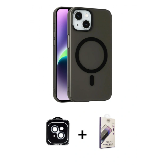 MARSİLYAN™- iPhone 14 Kılıf Çekirdek Modern Prime - Siyah Bilvis 3D Mat Cam Ekran Koruyucu + PVD Metal Kamera Lens - MI