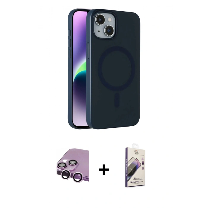 MARSİLYAN™- iPhone 14 Kılıf Çekirdek Modern Prime - Siyah Bilvis 3D Mat Cam Ekran Koruyucu + Raze Metal Kamera Lens - MR