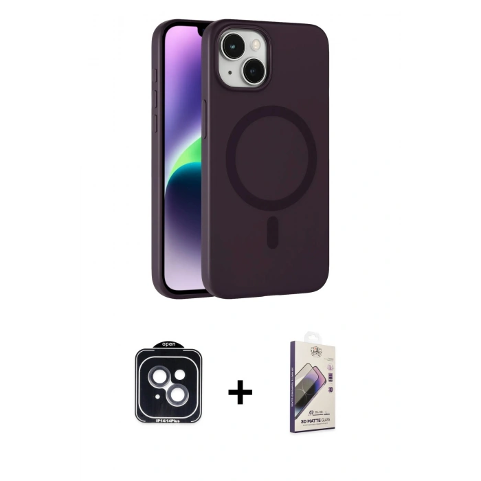 MARSİLYAN™- iPhone 14 Kılıf Çekirdek Modern Prime - Siyah Bilvis 3D Mat Cam Ekran Koruyucu + PVD Metal Kamera Lens - SH