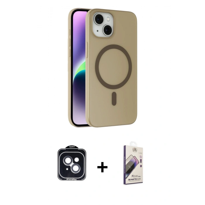 MARSİLYAN™- iPhone 14 Kılıf Çekirdek Modern Prime - Siyah Bilvis 3D Mat Cam Ekran Koruyucu + PVD Metal Kamera Lens - SH
