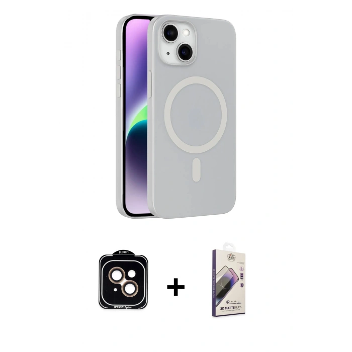 MARSİLYAN™- iPhone 14 Kılıf Çekirdek Modern Prime - Siyah Bilvis 3D Mat Cam Ekran Koruyucu + PVD Metal Kamera Lens - TU