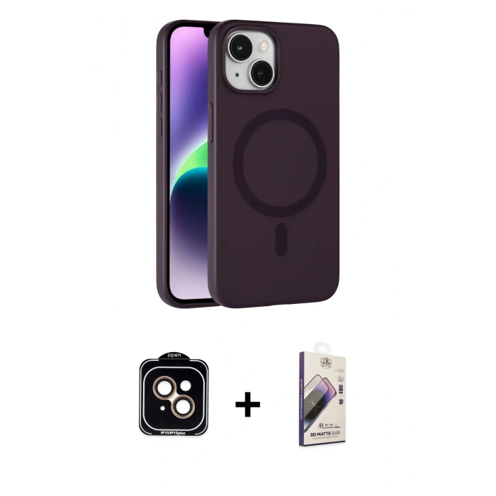 MARSİLYAN™- iPhone 14 Kılıf Çekirdek Modern Prime - Siyah Bilvis 3D Mat Cam Ekran Koruyucu + PVD Metal Kamera Lens - TU