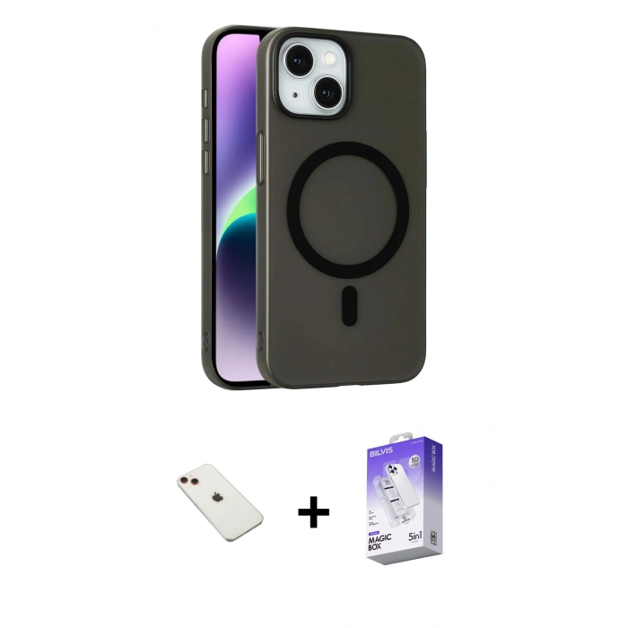 MARSİLYAN™- iPhone 14 Kılıf Çekirdek Modern Prime - Siyah Bilvis 5in1 3D Magic Cam Ekran Koruyucu + Diamond Kamera Lens - KI