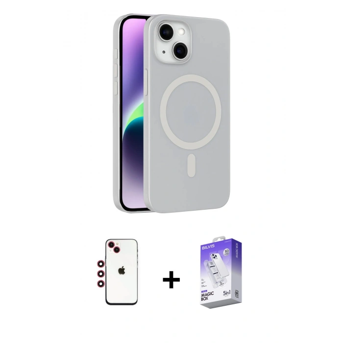 MARSİLYAN™- iPhone 14 Kılıf Çekirdek Modern Prime - Siyah Bilvis 5in1 3D Magic Cam Ekran Koruyucu + Shine Kamera Lens - KI