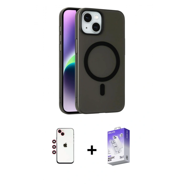 MARSİLYAN™- iPhone 14 Kılıf Çekirdek Modern Prime - Siyah Bilvis 5in1 3D Magic Cam Ekran Koruyucu + Shine Kamera Lens - KI
