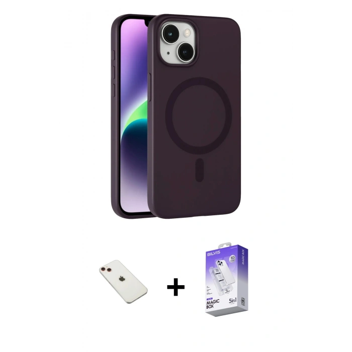 MARSİLYAN™- iPhone 14 Kılıf Çekirdek Modern Prime - Siyah Bilvis 5in1 3D Magic Cam Ekran Koruyucu + Diamond Kamera Lens - KI