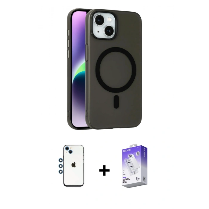 MARSİLYAN™- iPhone 14 Kılıf Çekirdek Modern Prime - Siyah Bilvis 5in1 3D Magic Cam Ekran Koruyucu + Shine Kamera Lens - MI