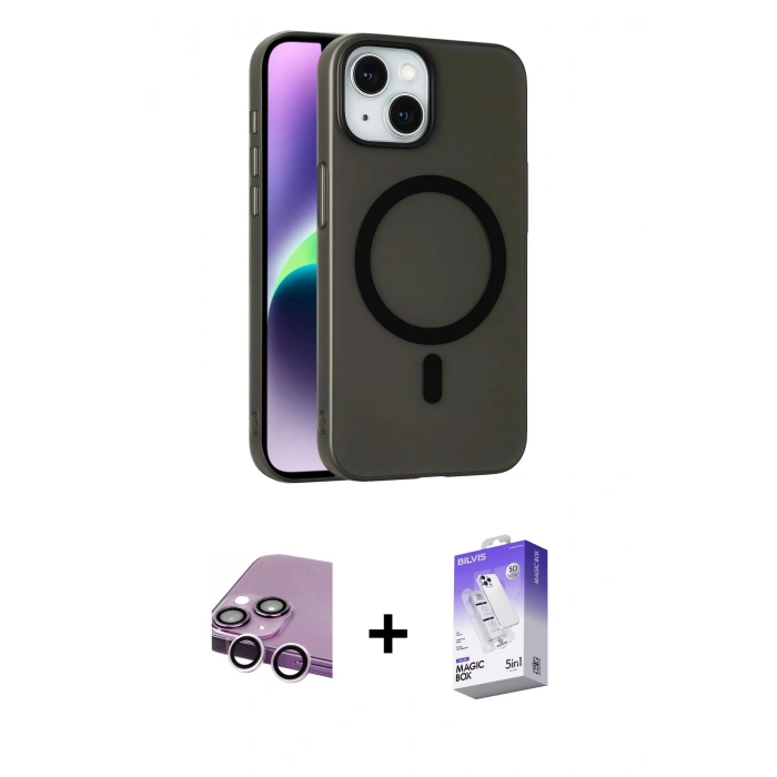 MARSİLYAN™- iPhone 14 Kılıf Çekirdek Modern Prime - Siyah Bilvis 5in1 3D Magic Cam Ekran Koruyucu + Raze Metal Kamera Lens - MR