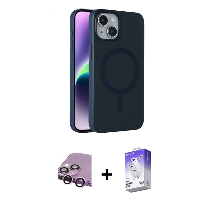 MARSİLYAN™- iPhone 14 Kılıf Çekirdek Modern Prime - Siyah Bilvis 5in1 3D Magic Cam Ekran Koruyucu + Raze Metal Kamera Lens - MR