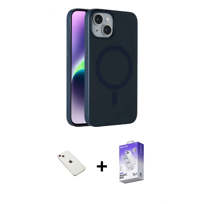 MARSİLYAN™- iPhone 14 Kılıf Çekirdek Modern Prime - Siyah Bilvis 5in1 3D Magic Cam Ekran Koruyucu + Diamond Kamera Lens - PE