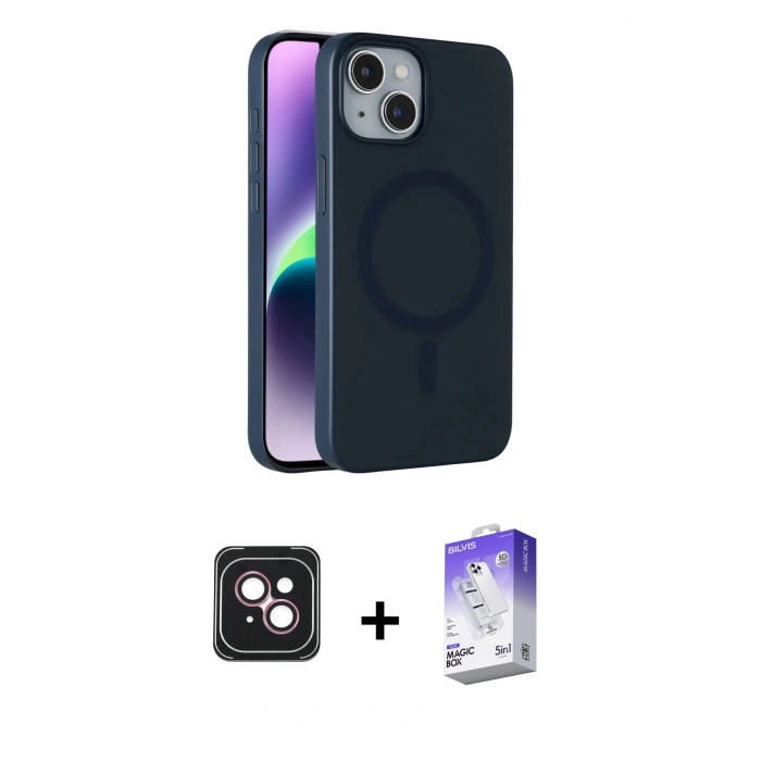 MARSİLYAN™- iPhone 14 Kılıf Çekirdek Modern Prime - Siyah Bilvis 5in1 3D Magic Cam Ekran Koruyucu + PVD Metal Kamera Lens - PE