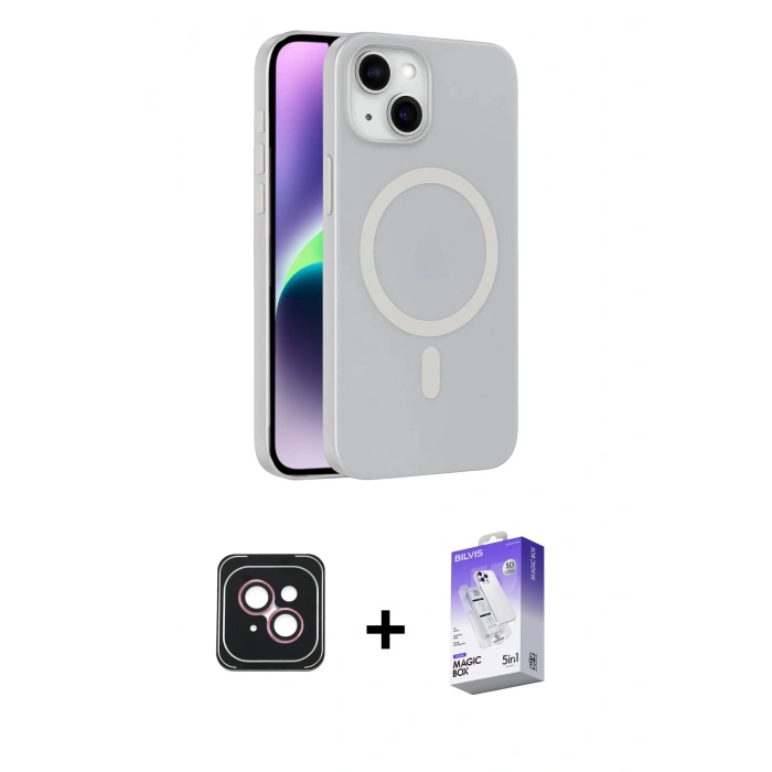 MARSİLYAN™- iPhone 14 Kılıf Çekirdek Modern Prime - Siyah Bilvis 5in1 3D Magic Cam Ekran Koruyucu + PVD Metal Kamera Lens - PE