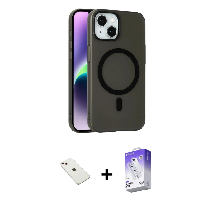 MARSİLYAN™- iPhone 14 Kılıf Çekirdek Modern Prime - Siyah Bilvis 5in1 3D Magic Cam Ekran Koruyucu + Diamond Kamera Lens - PE