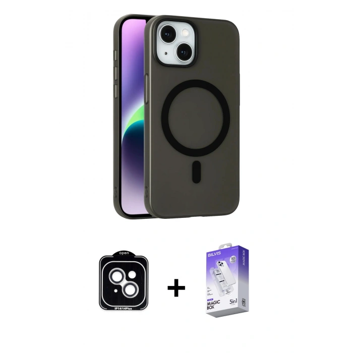MARSİLYAN™- iPhone 14 Kılıf Çekirdek Modern Prime - Siyah Bilvis 5in1 3D Magic Cam Ekran Koruyucu + PVD Metal Kamera Lens - GS