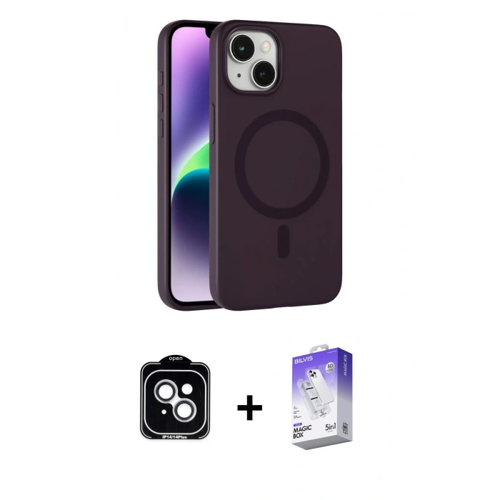 MARSİLYAN™- iPhone 14 Kılıf Çekirdek Modern Prime - Siyah Bilvis 5in1 3D Magic Cam Ekran Koruyucu + PVD Metal Kamera Lens - GS