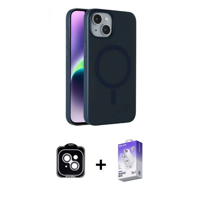 MARSİLYAN™- iPhone 14 Kılıf Çekirdek Modern Prime - Siyah Bilvis 5in1 3D Magic Cam Ekran Koruyucu + PVD Metal Kamera Lens - GS