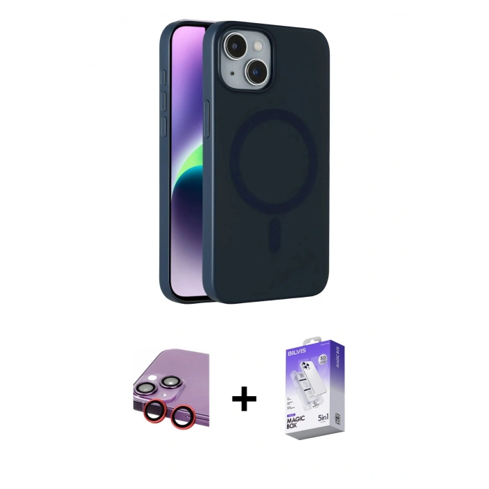MARSİLYAN™- iPhone 14 Kılıf Çekirdek Modern Prime - Siyah Bilvis 5in1 3D Magic Cam Ekran Koruyucu + Raze Metal Kamera Lens - KI