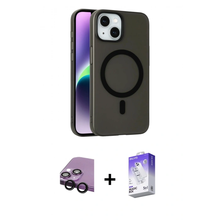 MARSİLYAN™- iPhone 14 Kılıf Çekirdek Modern Prime - Siyah Bilvis 5in1 3D Magic Cam Ekran Koruyucu + Raze Metal Kamera Lens - SH