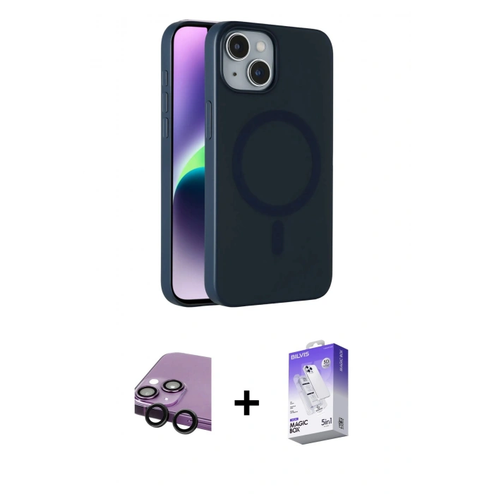 MARSİLYAN™- iPhone 14 Kılıf Çekirdek Modern Prime - Siyah Bilvis 5in1 3D Magic Cam Ekran Koruyucu + Raze Metal Kamera Lens - SH