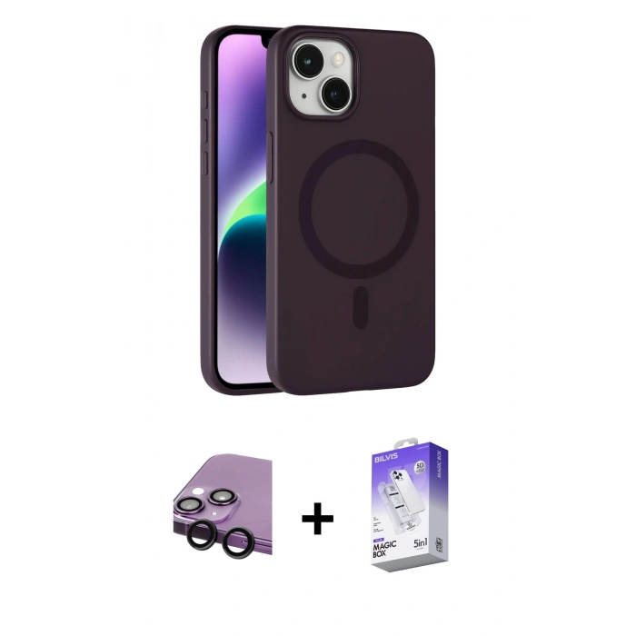 MARSİLYAN™- iPhone 14 Kılıf Çekirdek Modern Prime - Siyah Bilvis 5in1 3D Magic Cam Ekran Koruyucu + Raze Metal Kamera Lens - SH