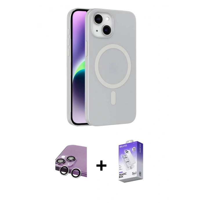 MARSİLYAN™- iPhone 14 Kılıf Çekirdek Modern Prime - Siyah Bilvis 5in1 3D Magic Cam Ekran Koruyucu + Raze Metal Kamera Lens - GS