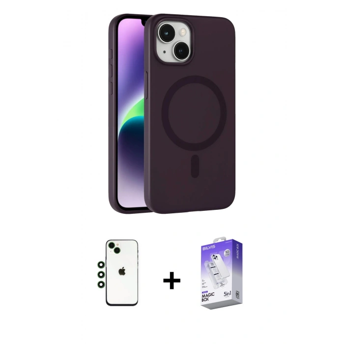 MARSİLYAN™- iPhone 14 Kılıf Çekirdek Modern Prime - Siyah Bilvis 5in1 3D Magic Cam Ekran Koruyucu + Shine Kamera Lens - YL