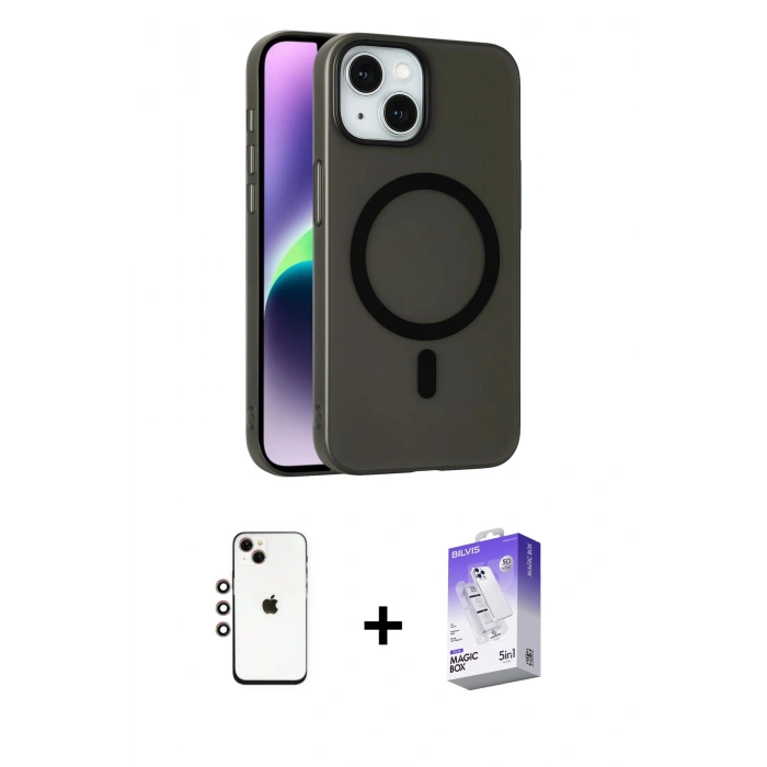 MARSİLYAN™- iPhone 14 Kılıf Çekirdek Modern Prime - Siyah Bilvis 5in1 3D Magic Cam Ekran Koruyucu + Shine Kamera Lens - GI
