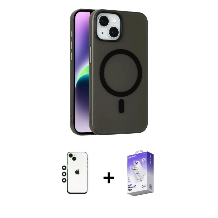 MARSİLYAN™- iPhone 14 Kılıf Çekirdek Modern Prime - Siyah Bilvis 5in1 3D Magic Cam Ekran Koruyucu + Shine Kamera Lens - YL